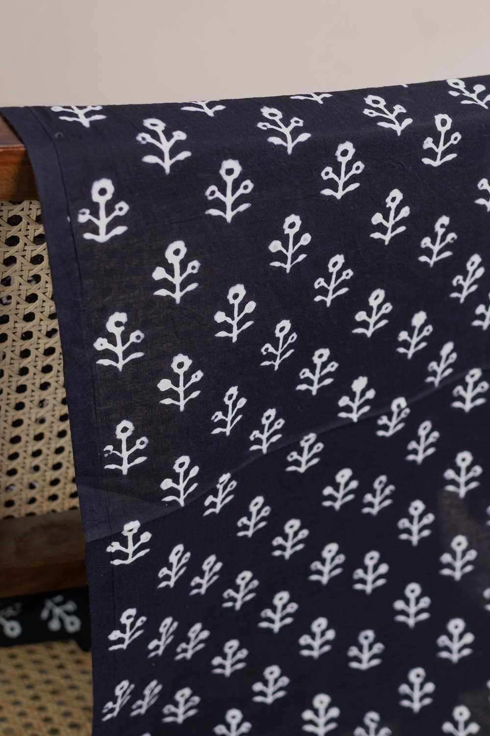Black with Florets Bagru Cotton Fabric - 1m - Image 2