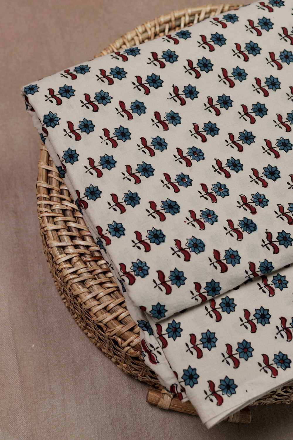 Indigo Florets - Cream Ajrak Cotton Fabric - 1.6m - Image 2