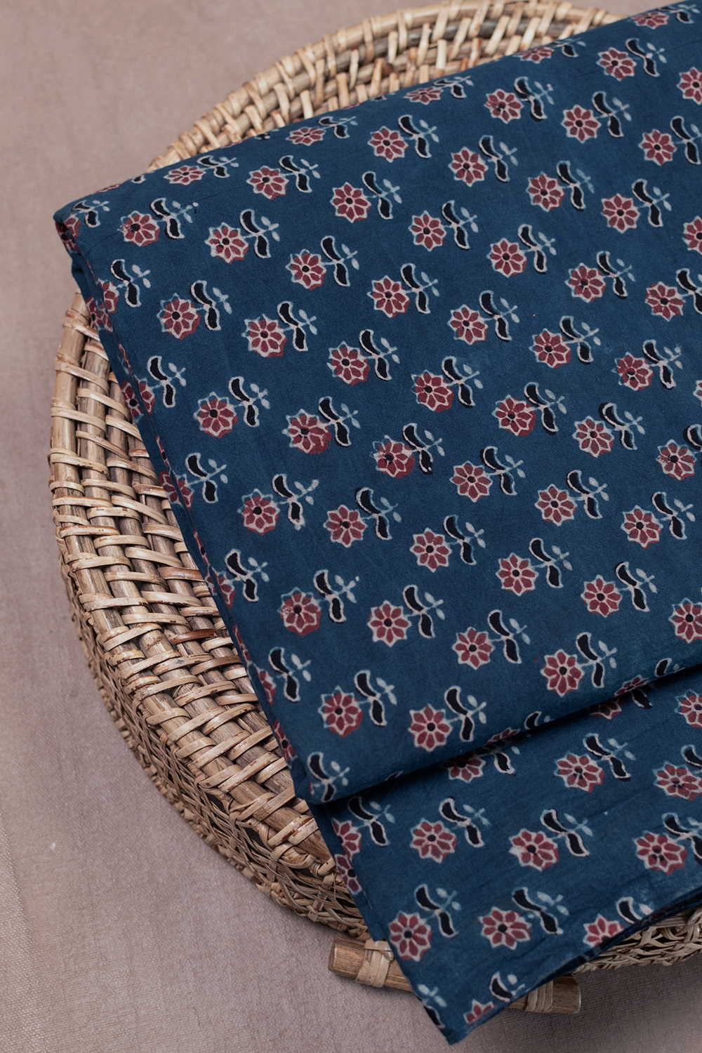Dark Indigo with Maroon Florets Ajrak Cotton Fabric - 1.6m