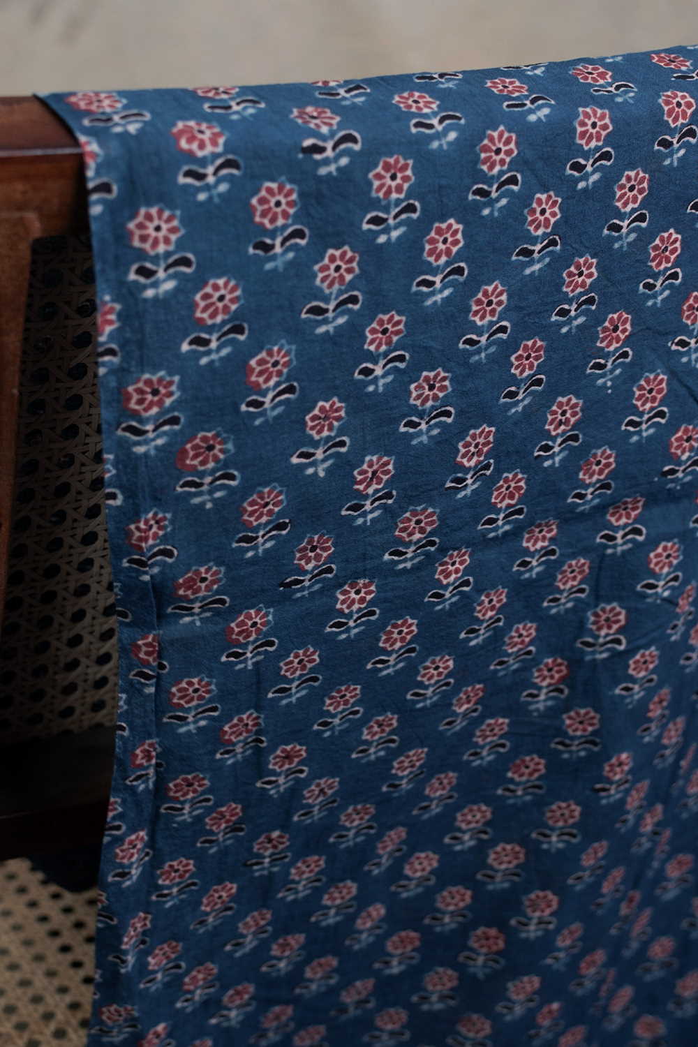 Dark Indigo with Maroon Florets Ajrak Cotton Fabric - 1.6m - Image 2