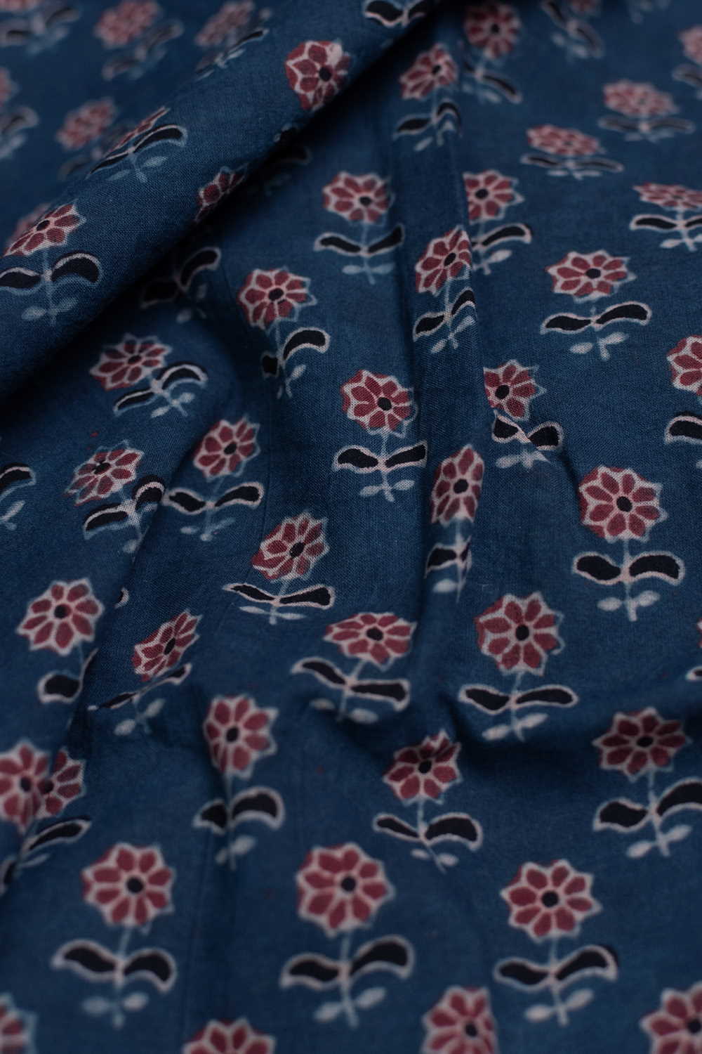 Dark Indigo with Maroon Florets Ajrak Cotton Fabric - 1.6m - Image 3