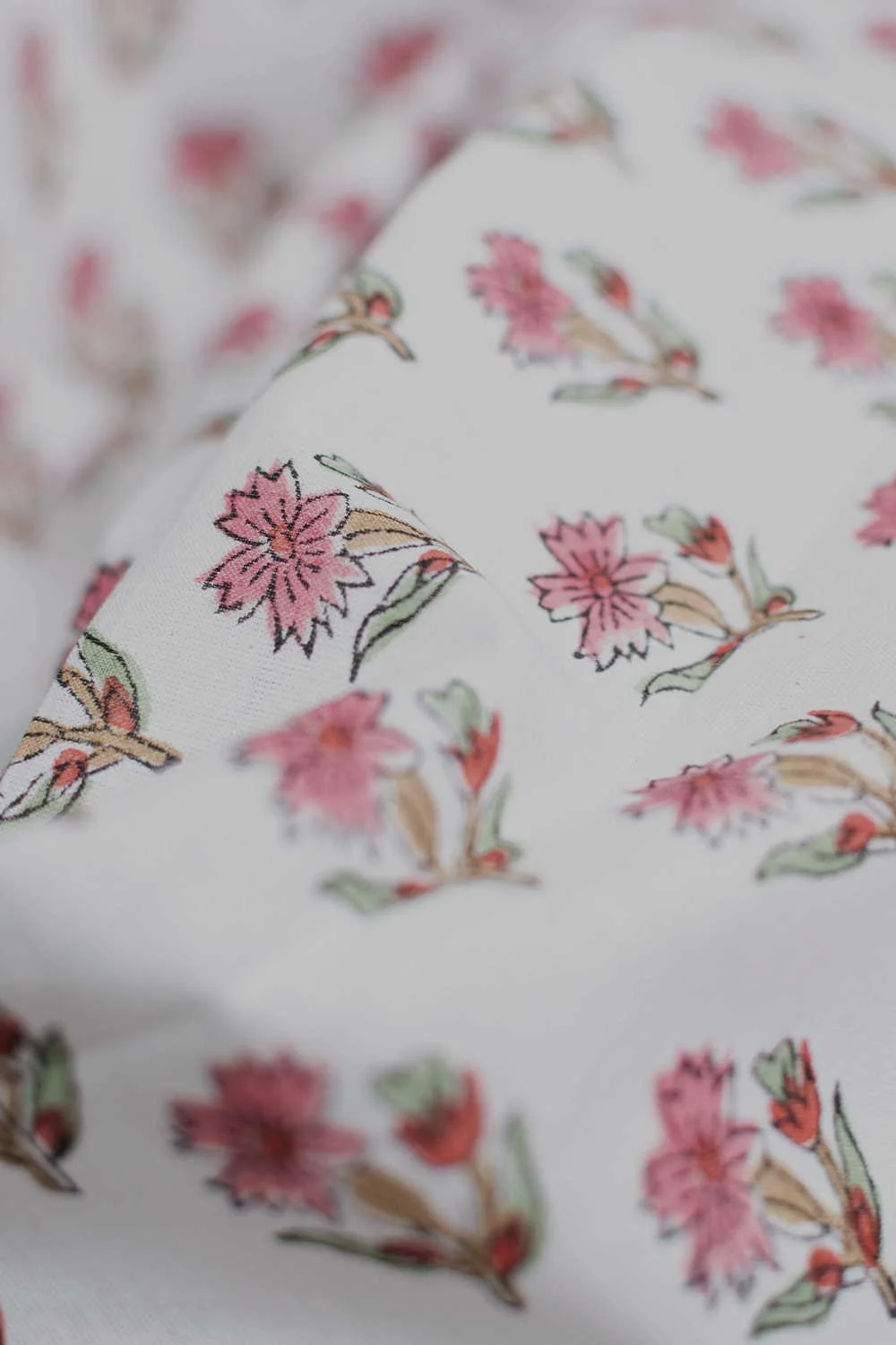 Florals On Off-White Sanganeri Cotton Fabric - 0.7m - Image 2