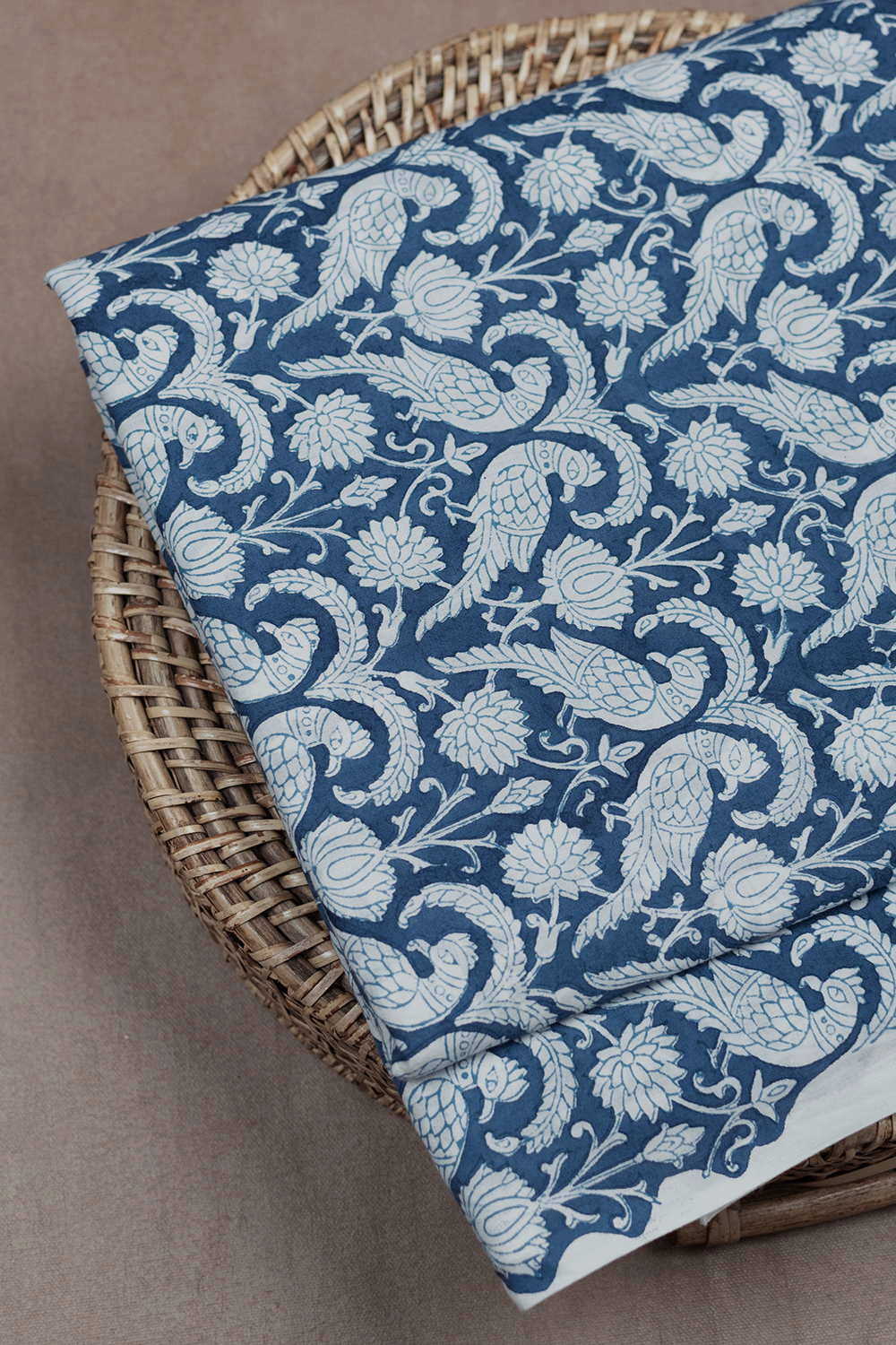 Blue Sanganeri Cotton Fabric with Peacock print - 0.9m