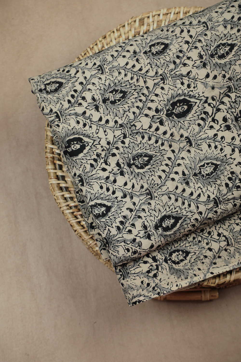 Black Floral Design Printed kalamkari Cotton Fabric - 0.55m