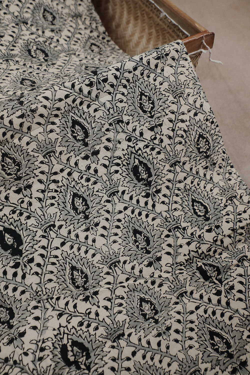 Black Floral Design Printed kalamkari Cotton Fabric - 0.55m - Image 3