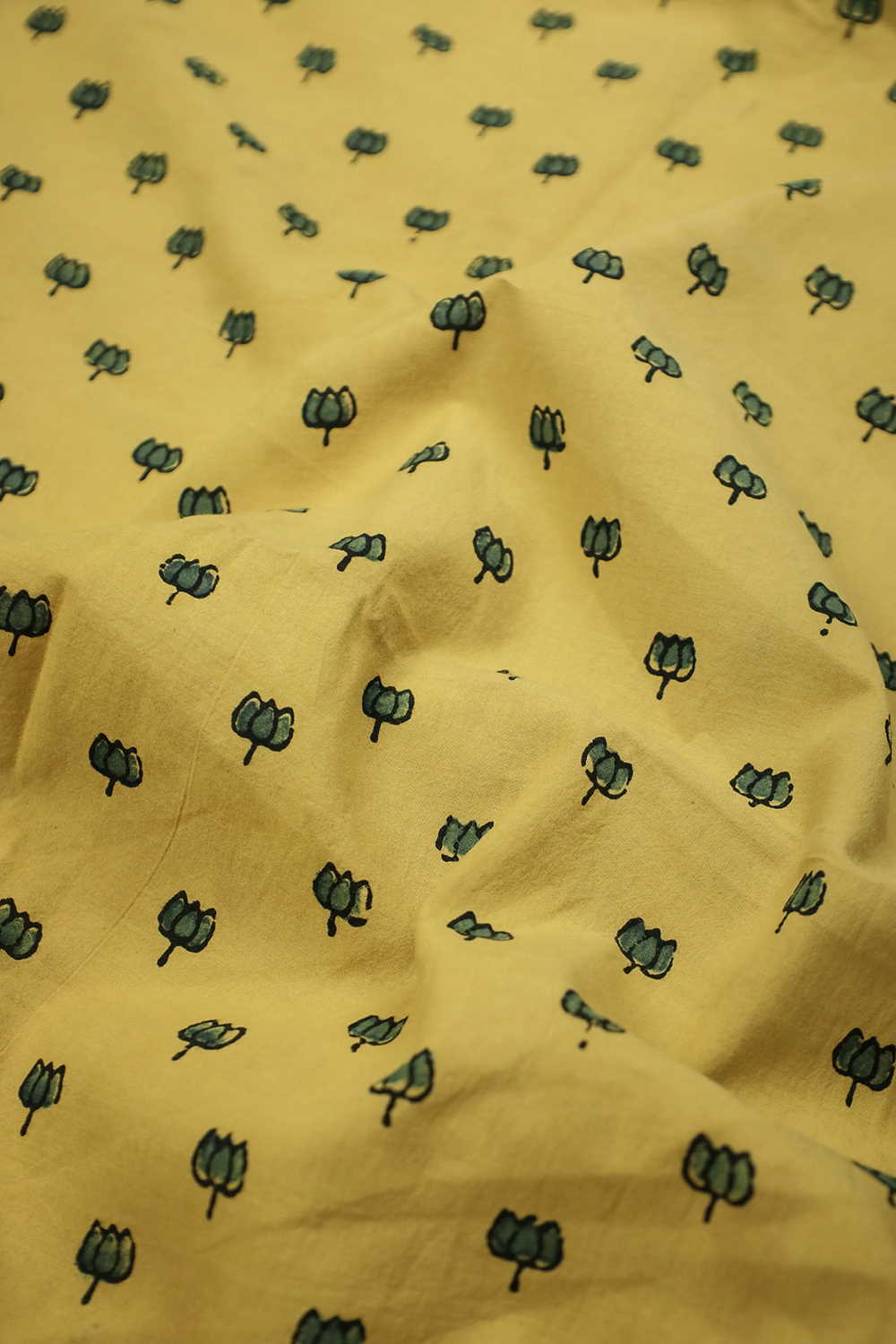 Green Lotus on Yellow Ajrak Cotton Fabric - 0.85m - Image 2