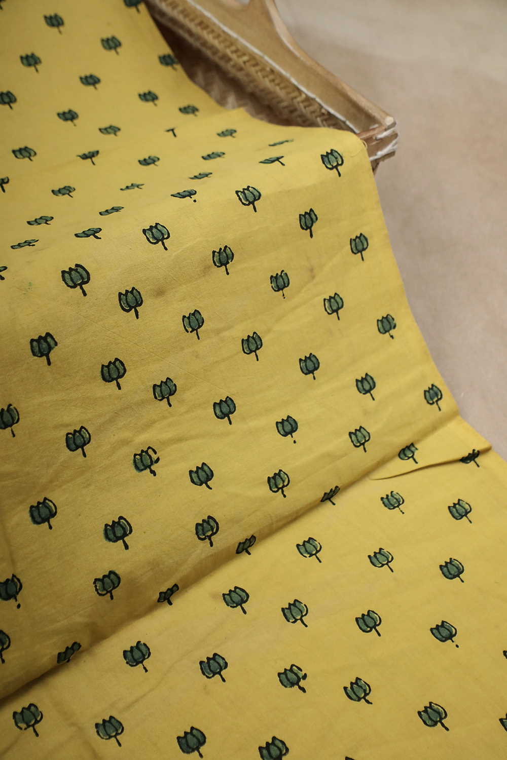 Green Lotus on Yellow Ajrak Cotton Fabric - 0.85m - Image 3