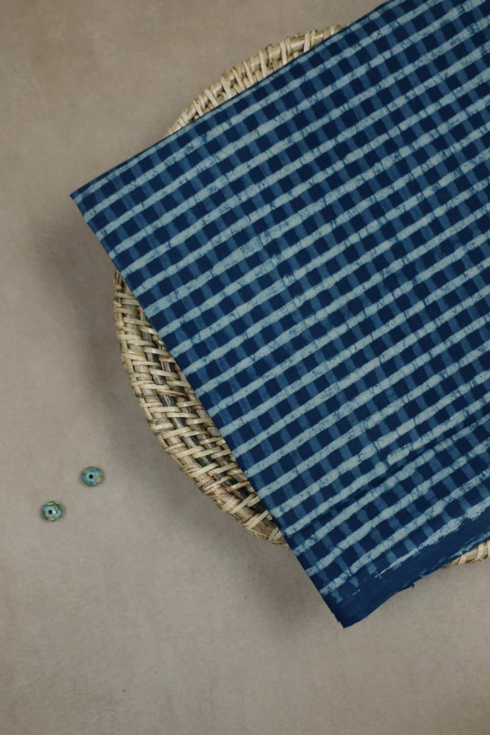 Checkered Indigo Block Printed Cotton Fabric - 1m