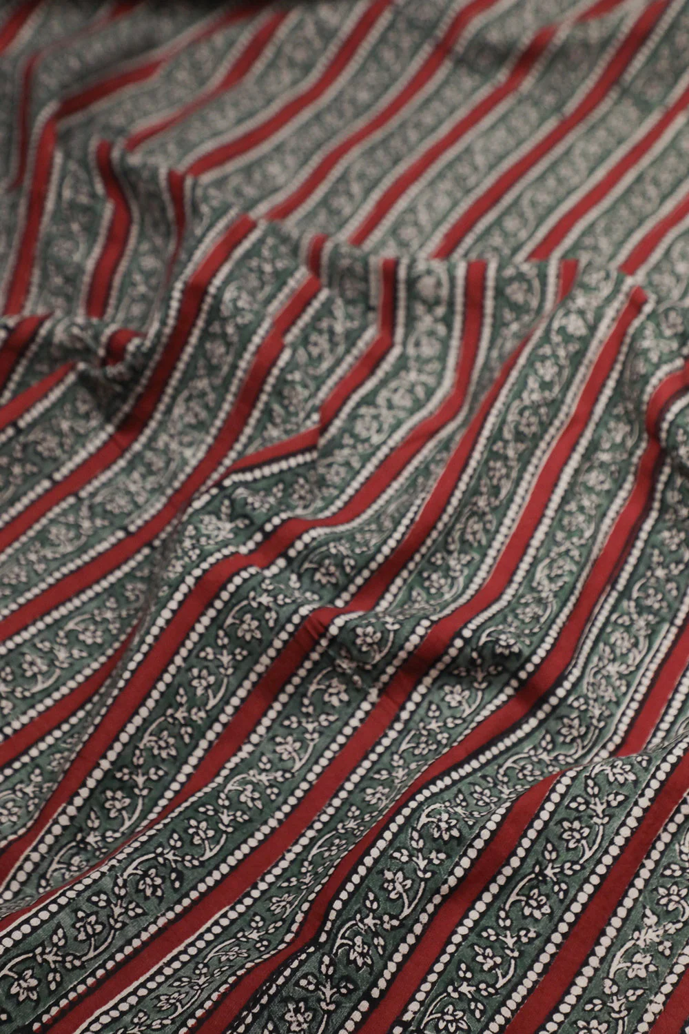 Green & Maroon Stripe Bagru Cotton Fabric - 0.6m