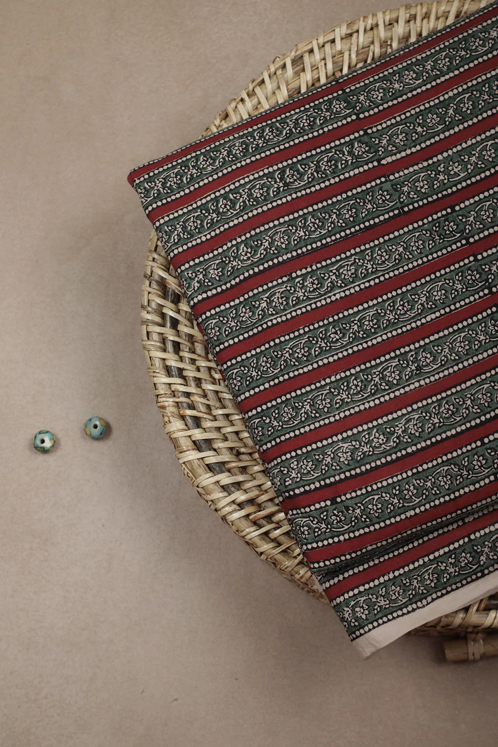 Green & Maroon Stripe Bagru Cotton Fabric - 0.6m - Image 3