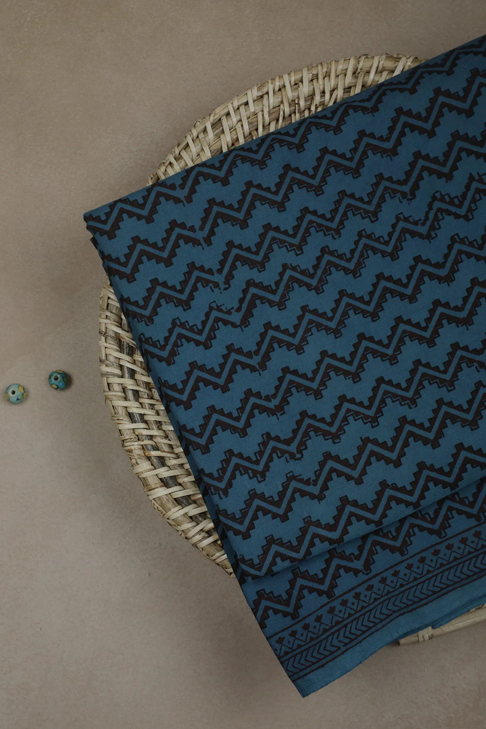 Dark Blue with Chevron Pattern Bagh Print Cotton Fabric - 1m