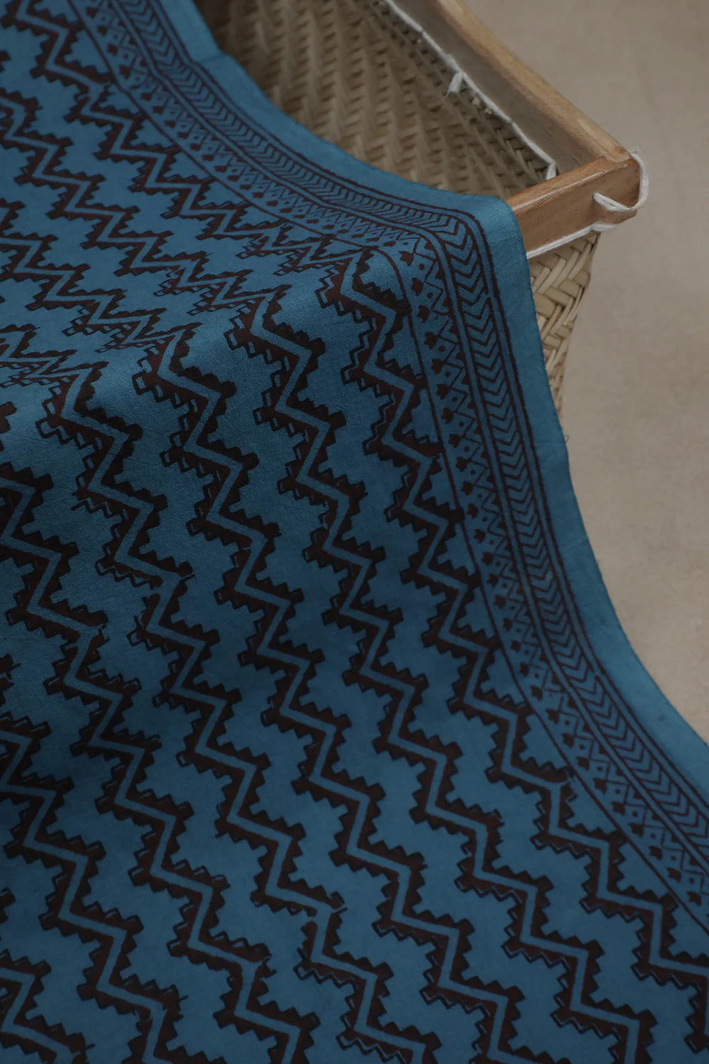 Dark Blue with Chevron Pattern Bagh Print Cotton Fabric - 1m - Image 3