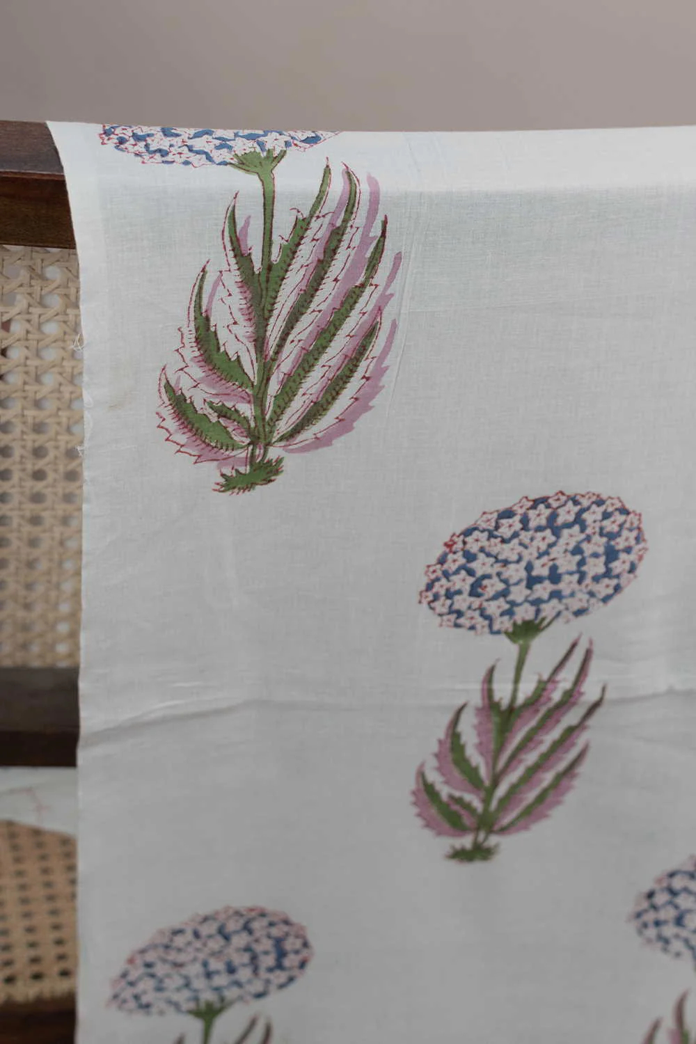Blue Florals on Cream Sanganeri Cotton Fabric - Image 2