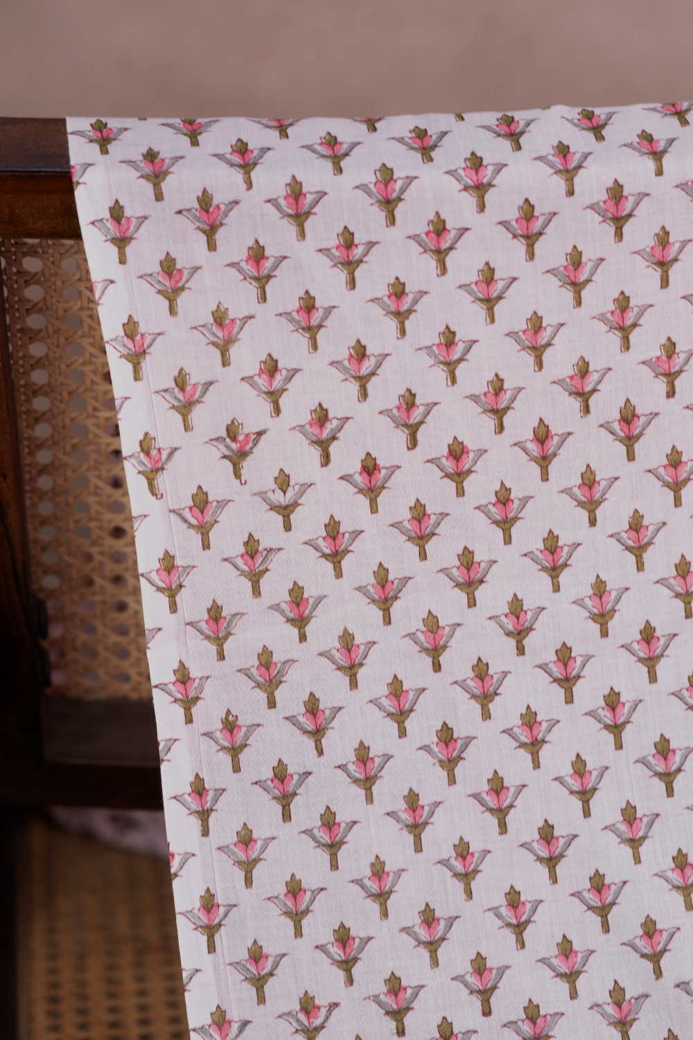 Blush Pink with Florets Sanganeri Cotton Fabric - Image 2