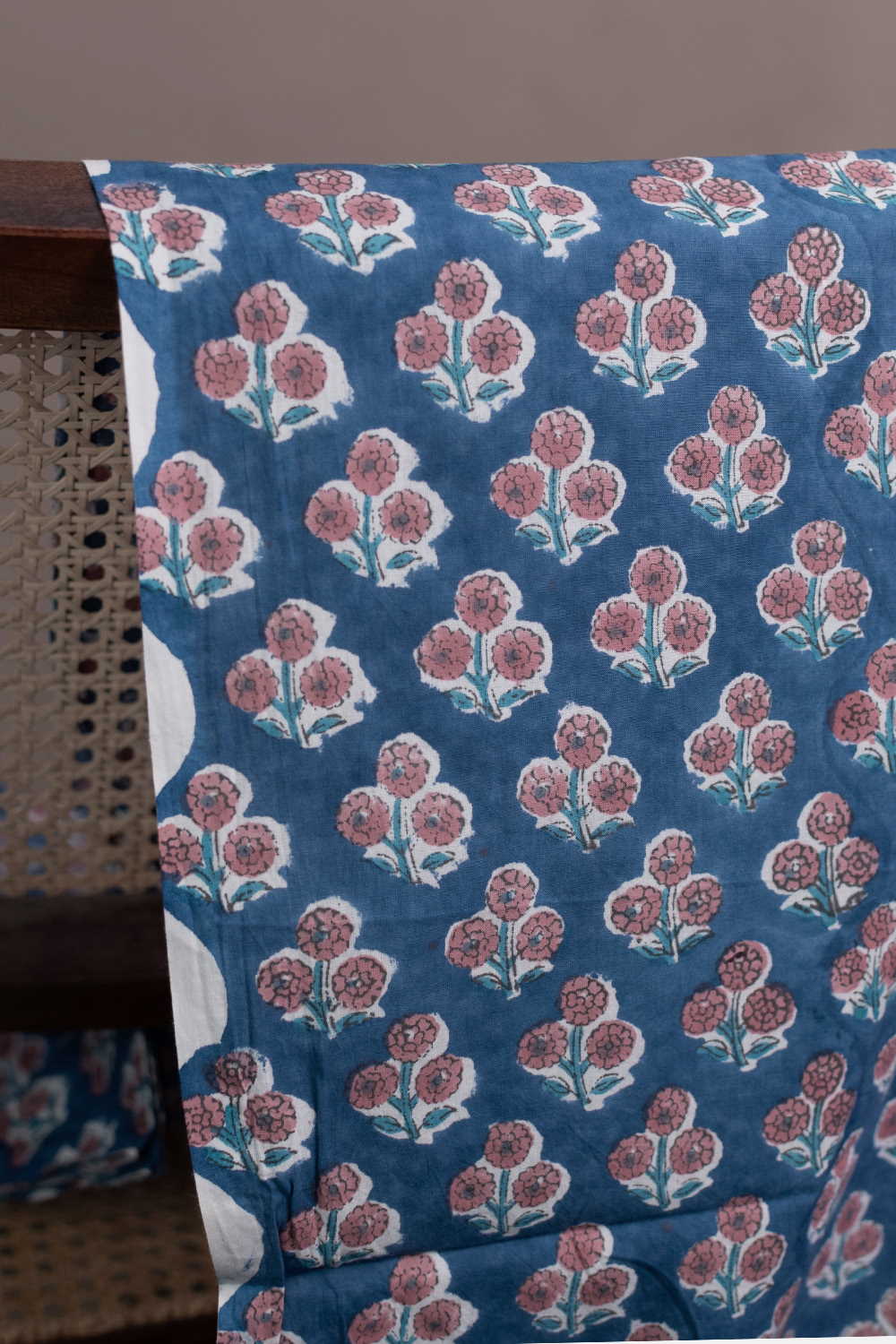 Blue with Tri Florets Sanganeri Cotton Fabric - Image 2