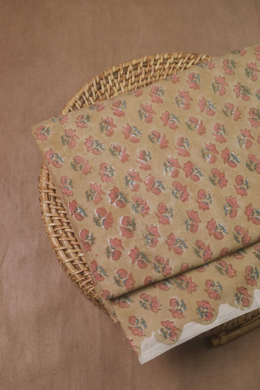 Pink Florals on Pale Yellow Sanganeri Cotton Fabric
