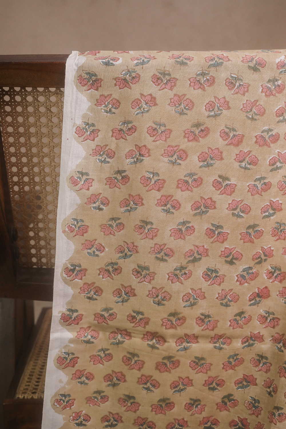 Pink Florals on Pale Yellow Sanganeri Cotton Fabric - Image 2
