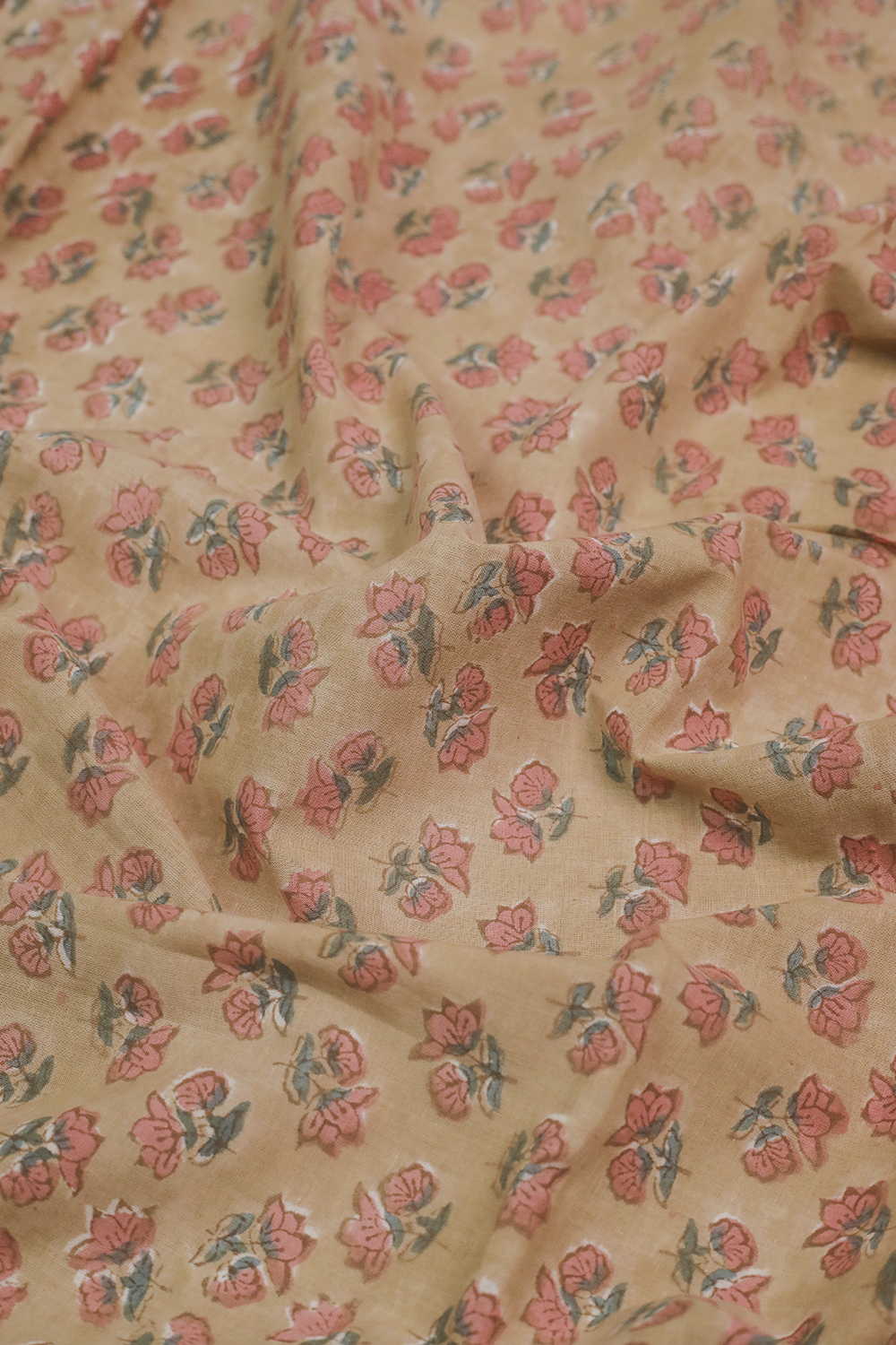 Pink Florals on Pale Yellow Sanganeri Cotton Fabric - Image 3