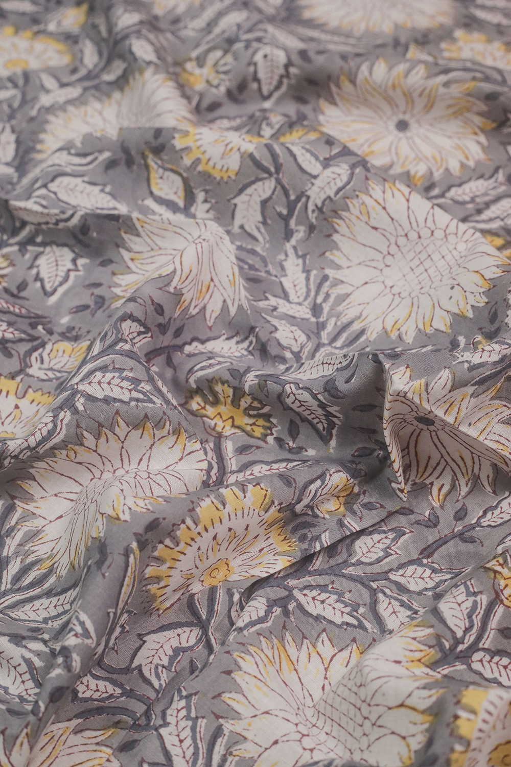 Grey with Florals Sanganeri Cotton Fabric - Image 2