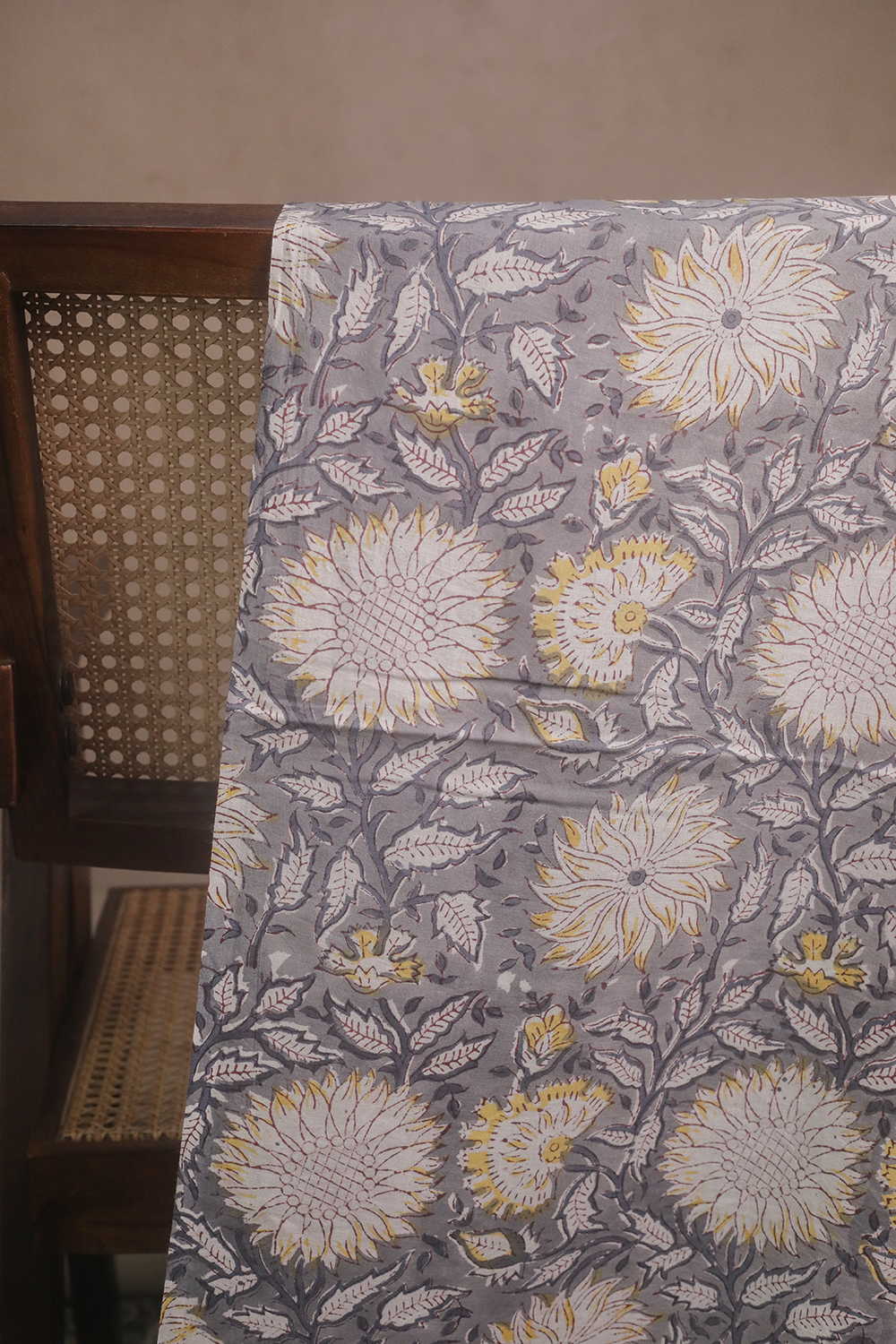 Grey with Florals Sanganeri Cotton Fabric - Image 3