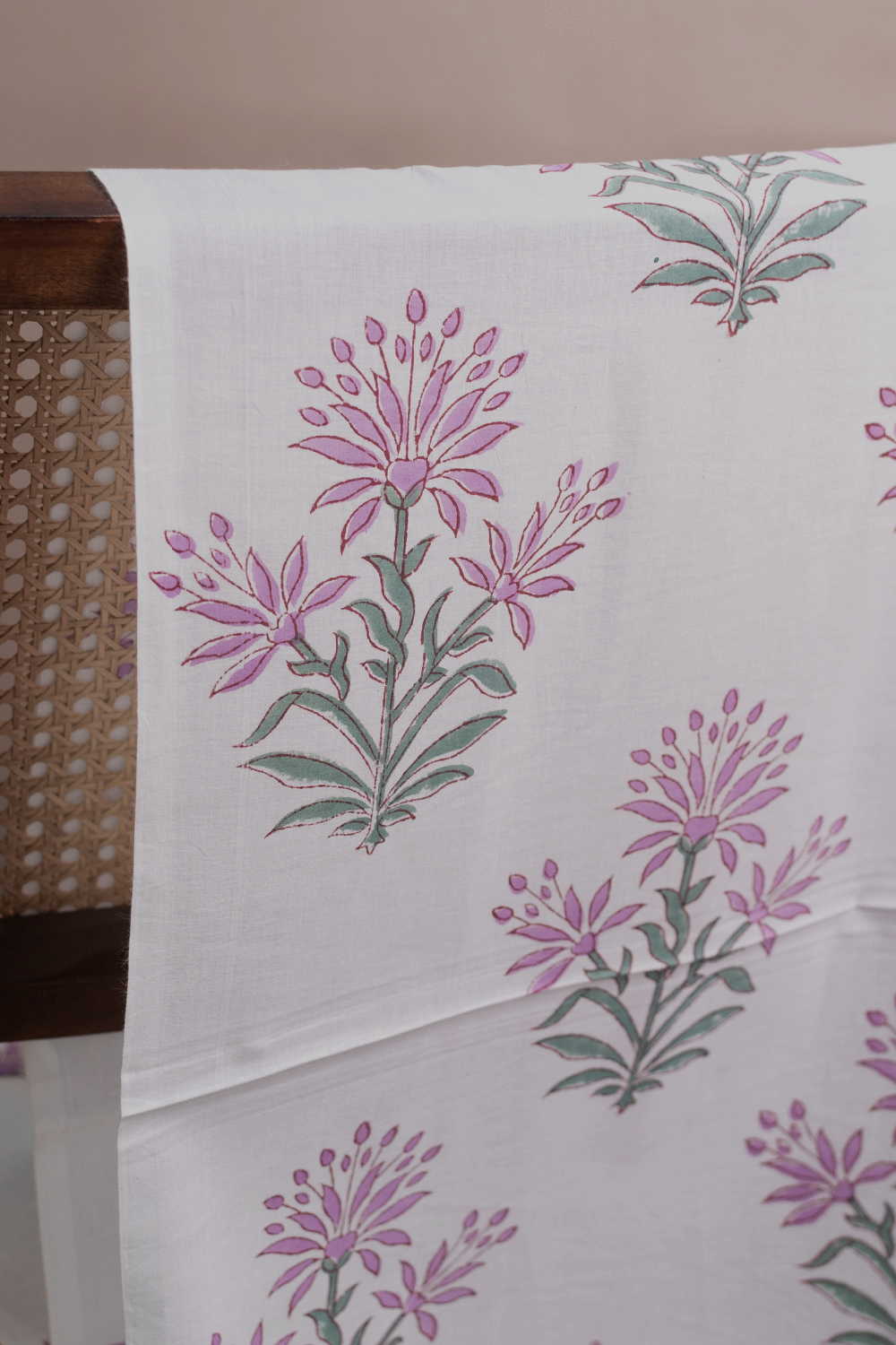 Lilac Mist on Cream Sanganeri Cotton Fabric - Image 2