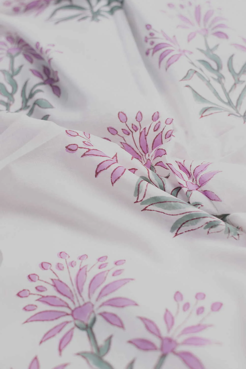 Lilac Mist on Cream Sanganeri Cotton Fabric - Image 3