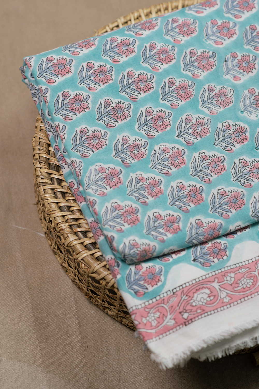 Green with Pink Florets Sanganeri Cotton Fabric