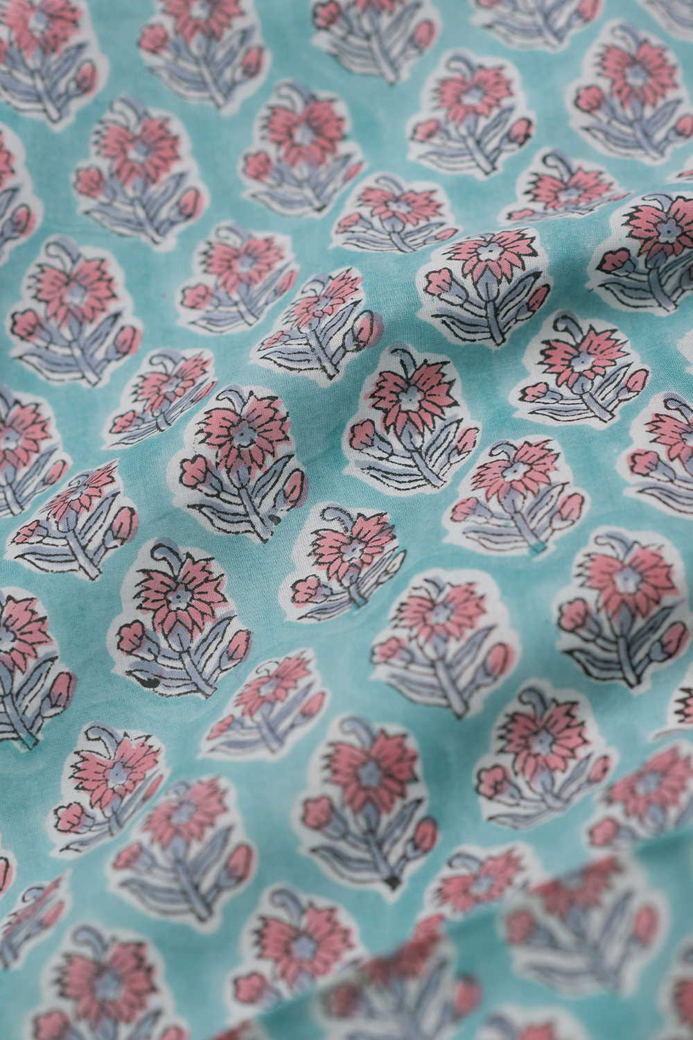 Green with Pink Florets Sanganeri Cotton Fabric - Image 3