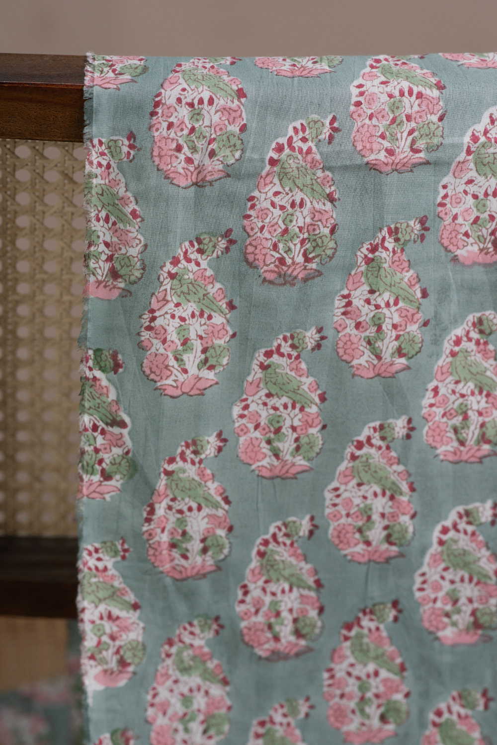 Light Green with Buttas Sanganeri Cotton Fabric - Image 2
