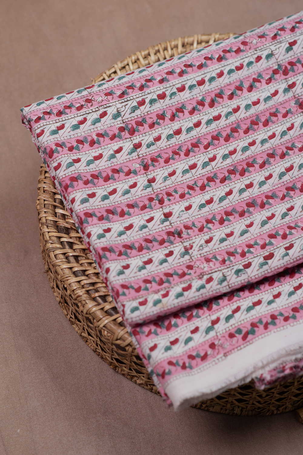 Pink with Cream Sanganeri Cotton Fabric - Image 2