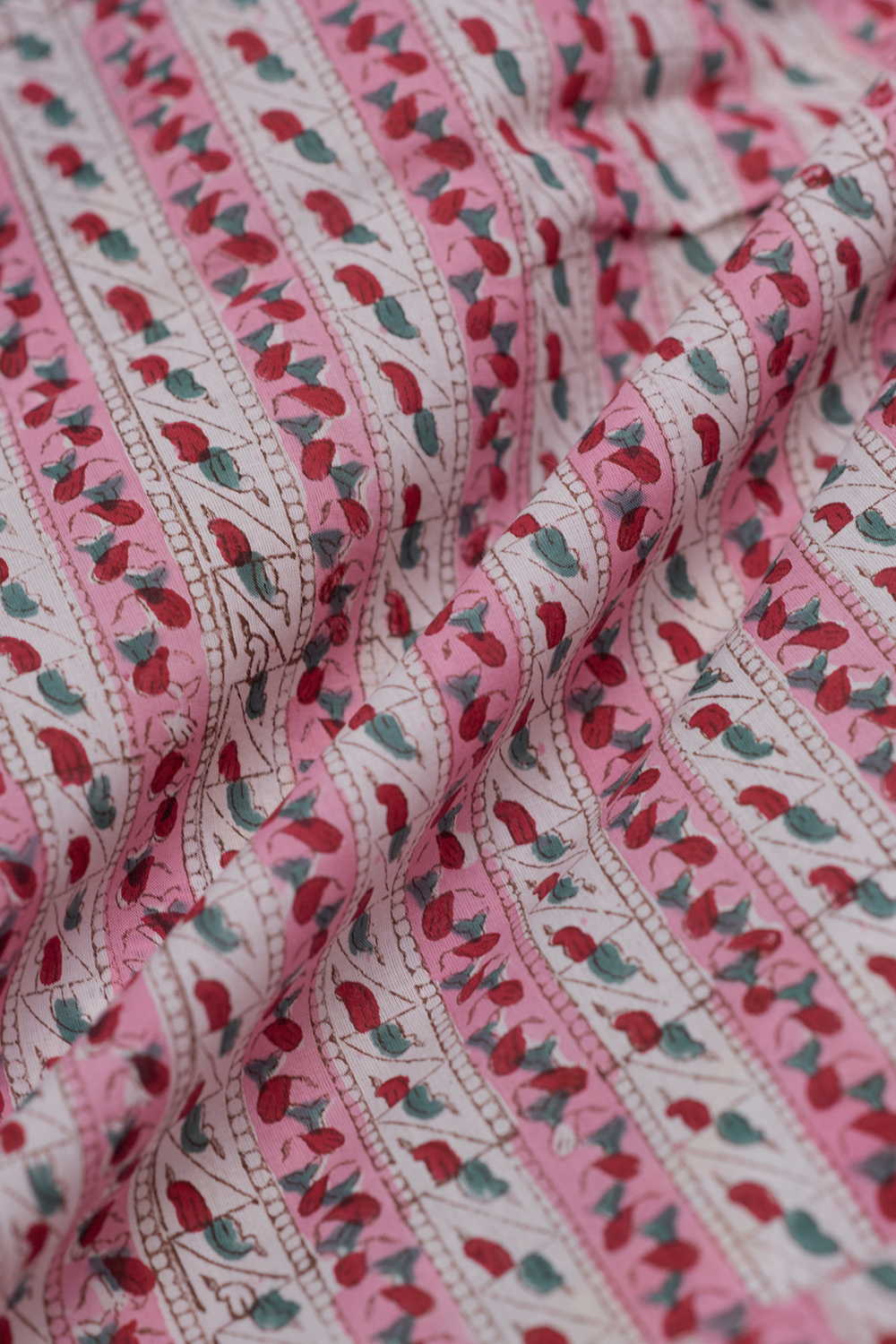 Pink with Cream Sanganeri Cotton Fabric - Image 3