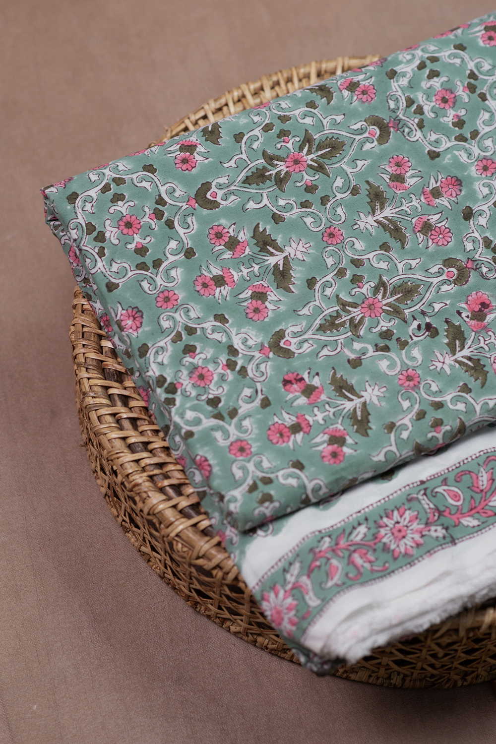 Green with Pattern Sanganeri Cotton Fabric