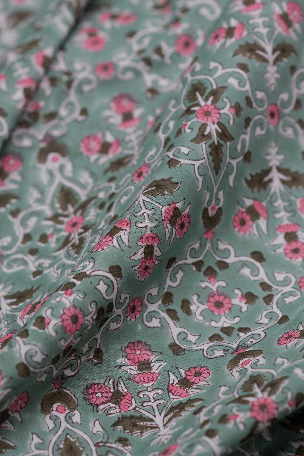 Green with Pattern Sanganeri Cotton Fabric - Image 2