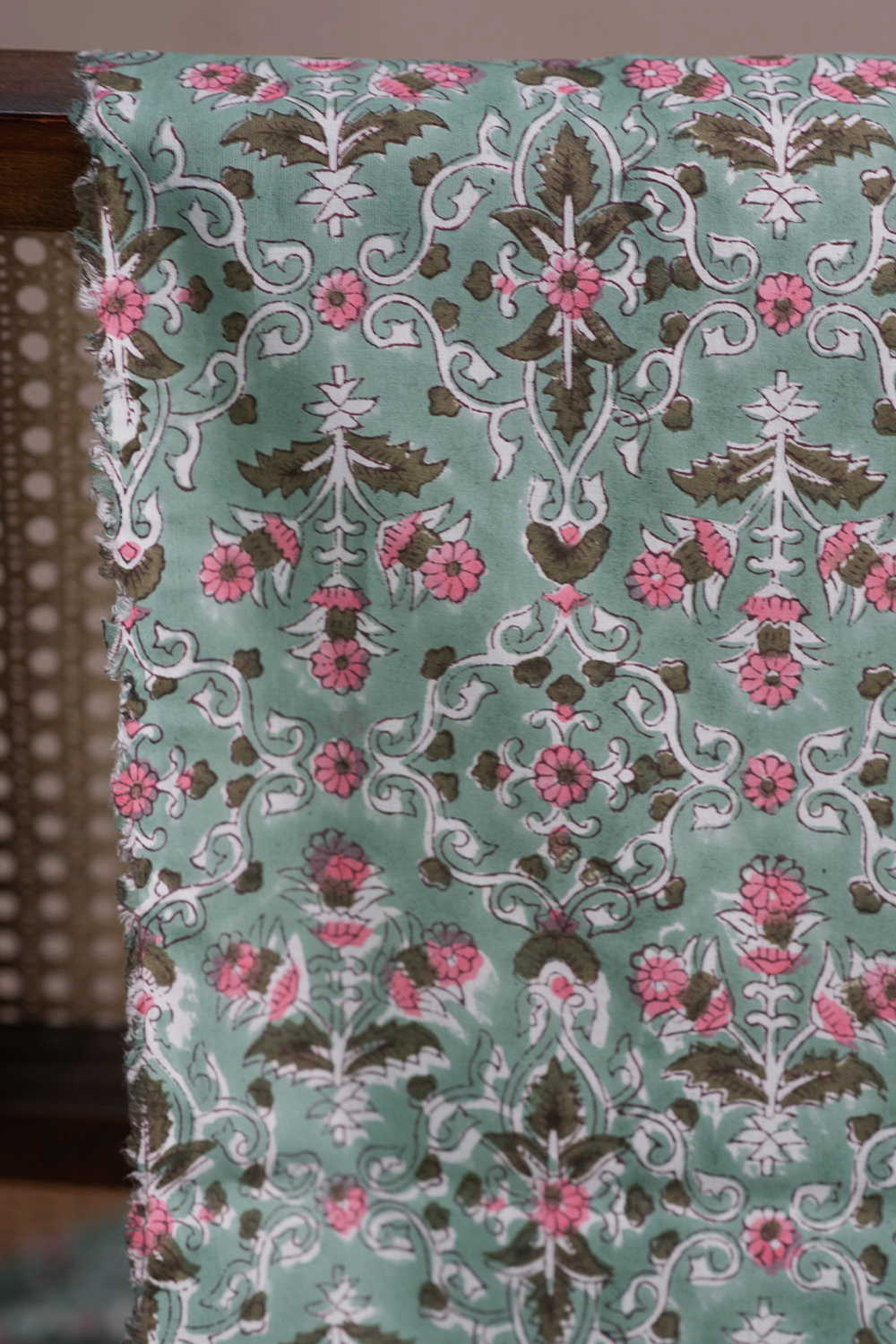 Green with Pattern Sanganeri Cotton Fabric - Image 3