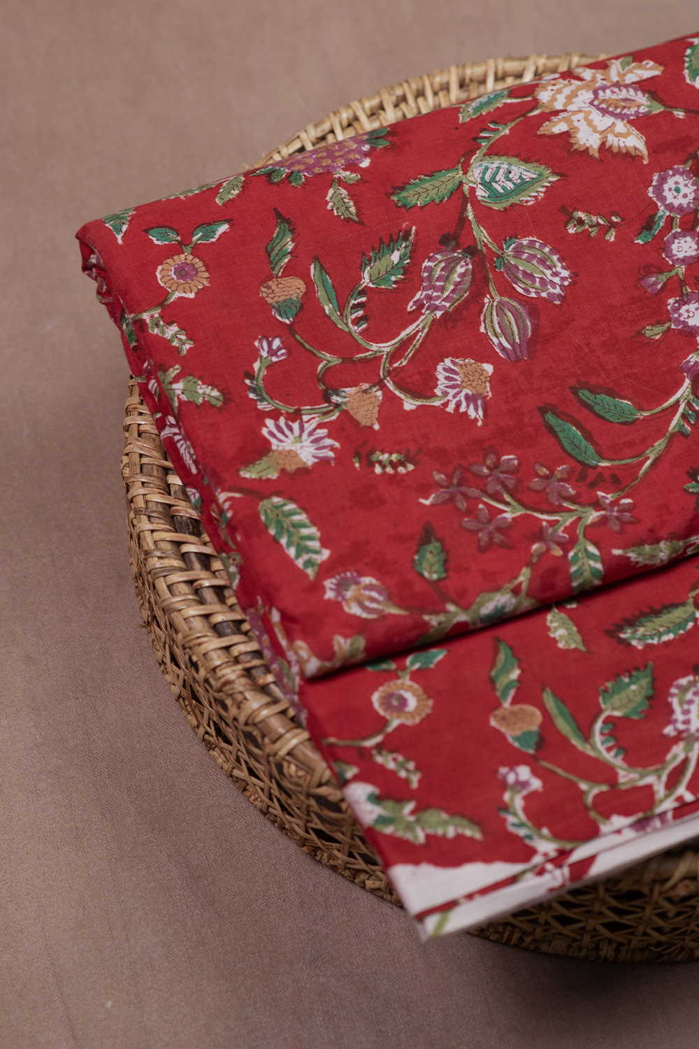 Candy Red with Floral Sanganeri Cotton Fabric