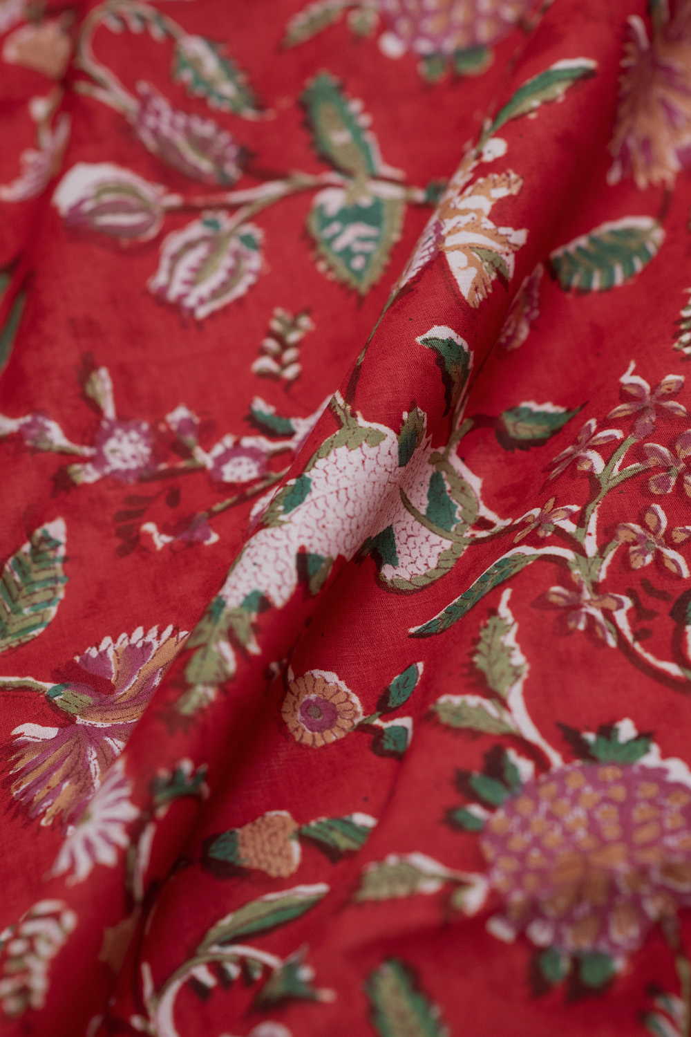 Candy Red with Floral Sanganeri Cotton Fabric - Image 2