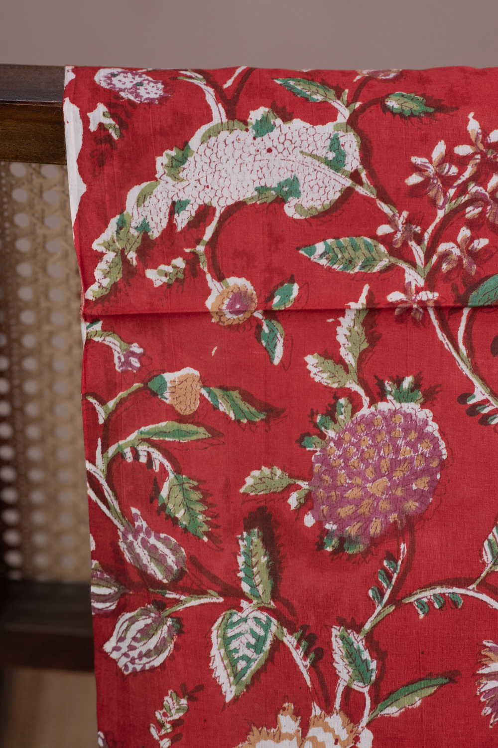 Candy Red with Floral Sanganeri Cotton Fabric - Image 3