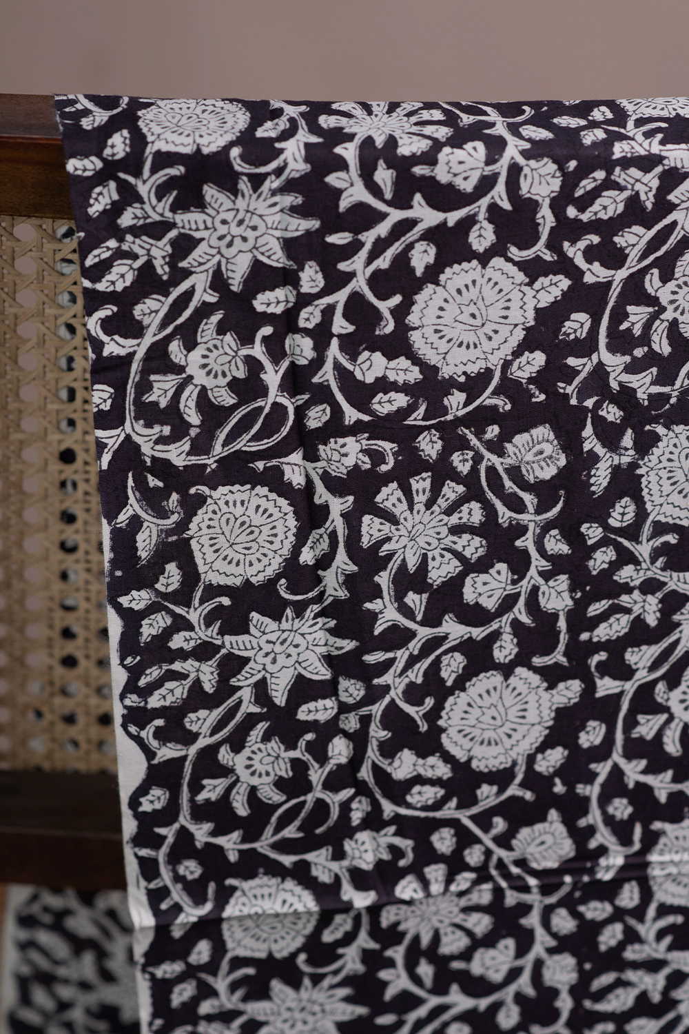Black with Floral Sanganeri Cotton Fabric
