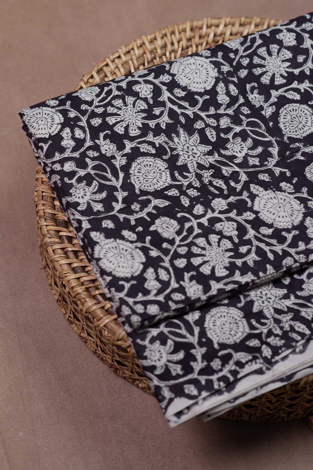 Black with Floral Sanganeri Cotton Fabric - Image 2