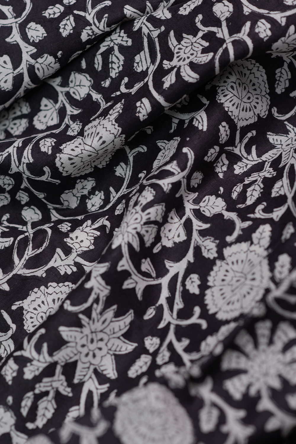 Black with Floral Sanganeri Cotton Fabric - Image 3