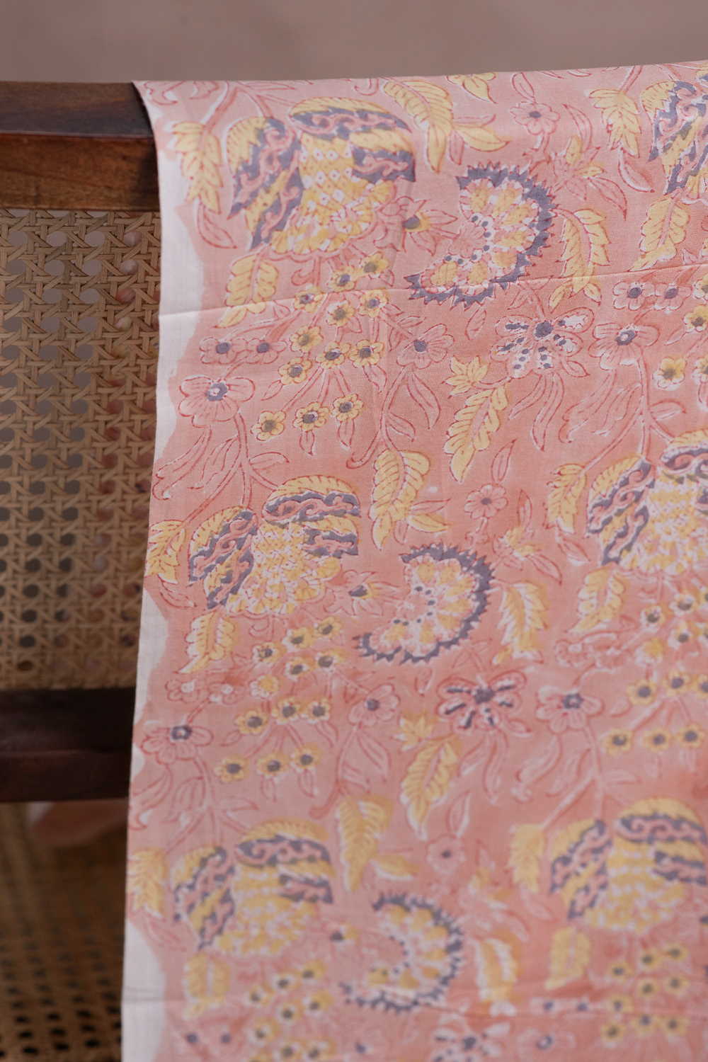 Peach with Florals Sanganeri Cotton Fabric - Image 2