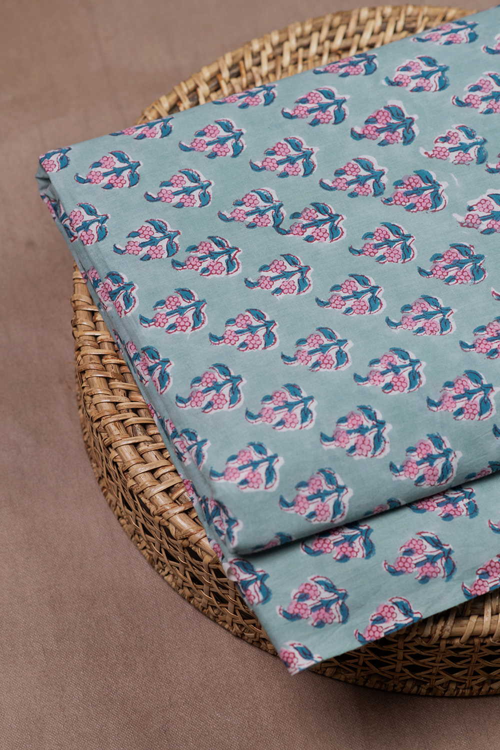 Pink Buttas - Green Sanganeri Cotton Fabric - Image 2