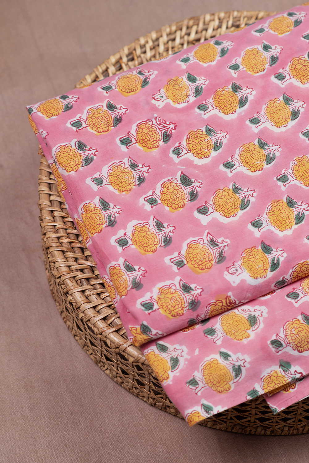 Yellow Motifs - Pink Sanganeri Cotton Fabric - Image 2