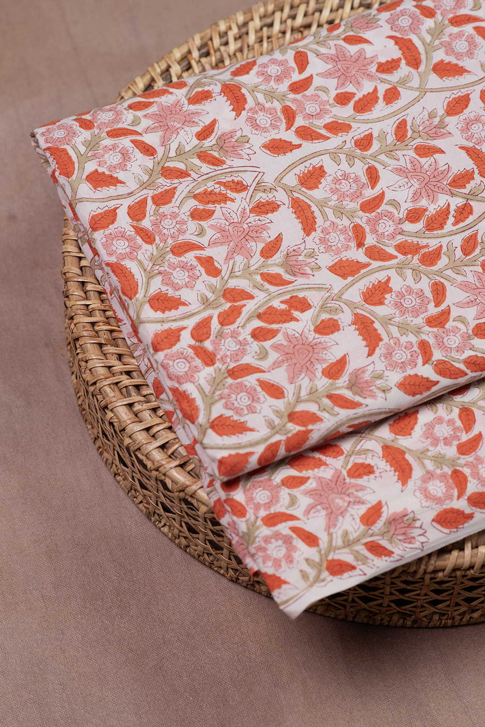Coral Graden Vine Sanganeri Cotton Fabric - Image 2