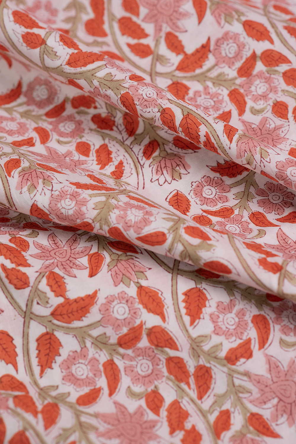 Coral Graden Vine Sanganeri Cotton Fabric - Image 3