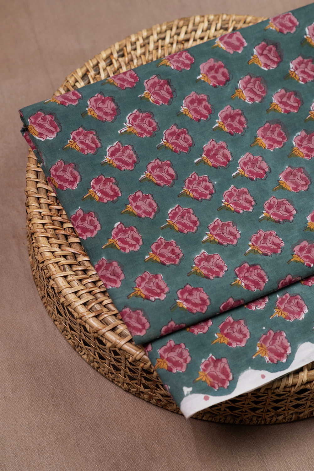 Green with Pink Buttas Sanganeri Cotton Fabric - Image 2