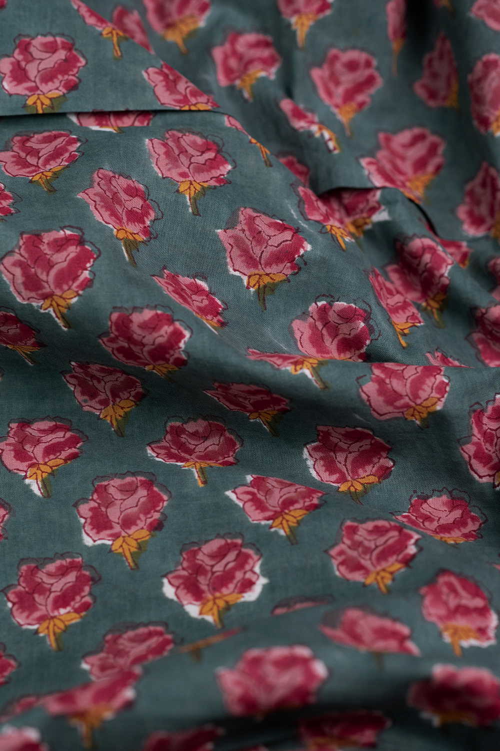 Green with Pink Buttas Sanganeri Cotton Fabric - Image 3