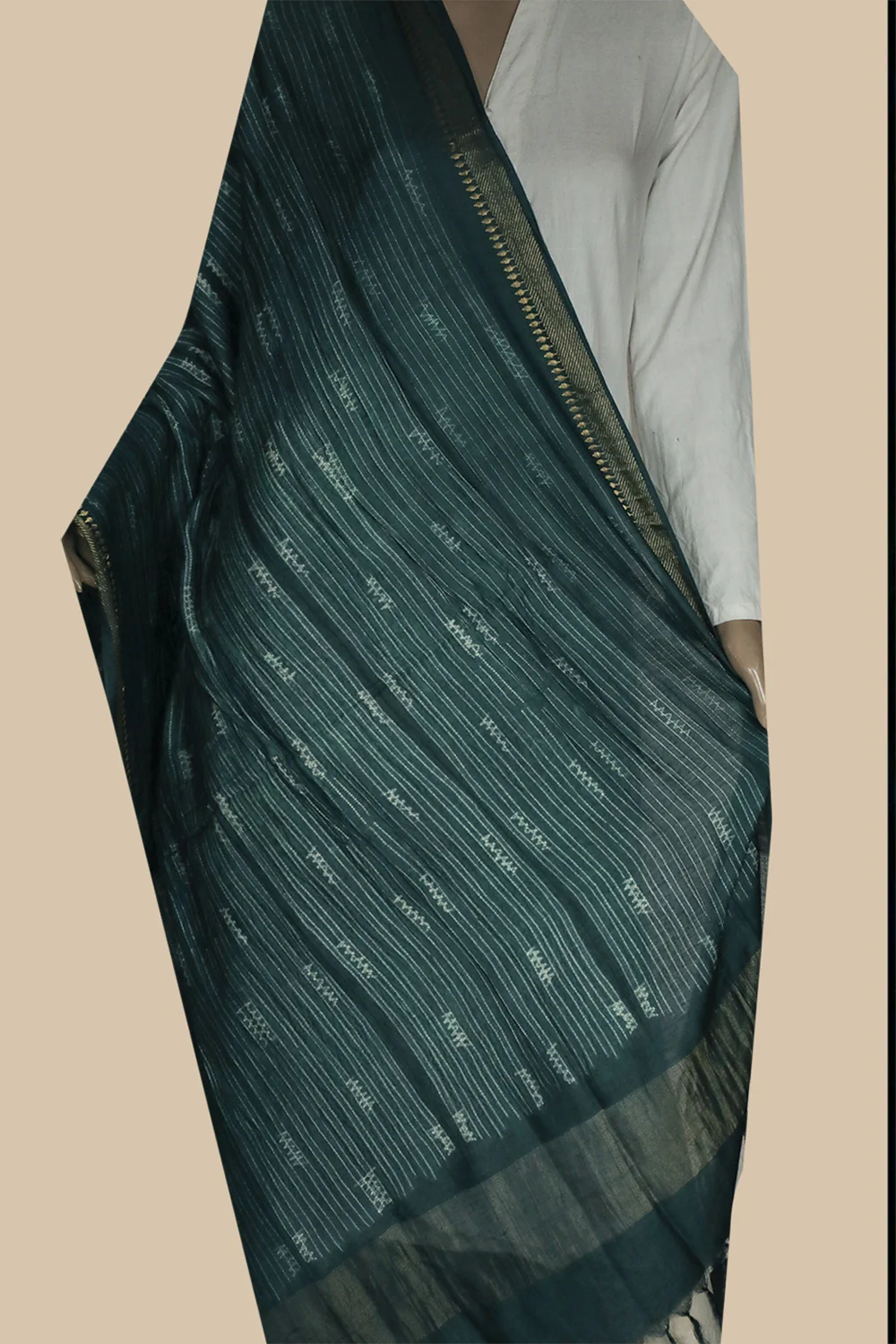 Patterned on Dark Green Shibori Tussar Dupatta