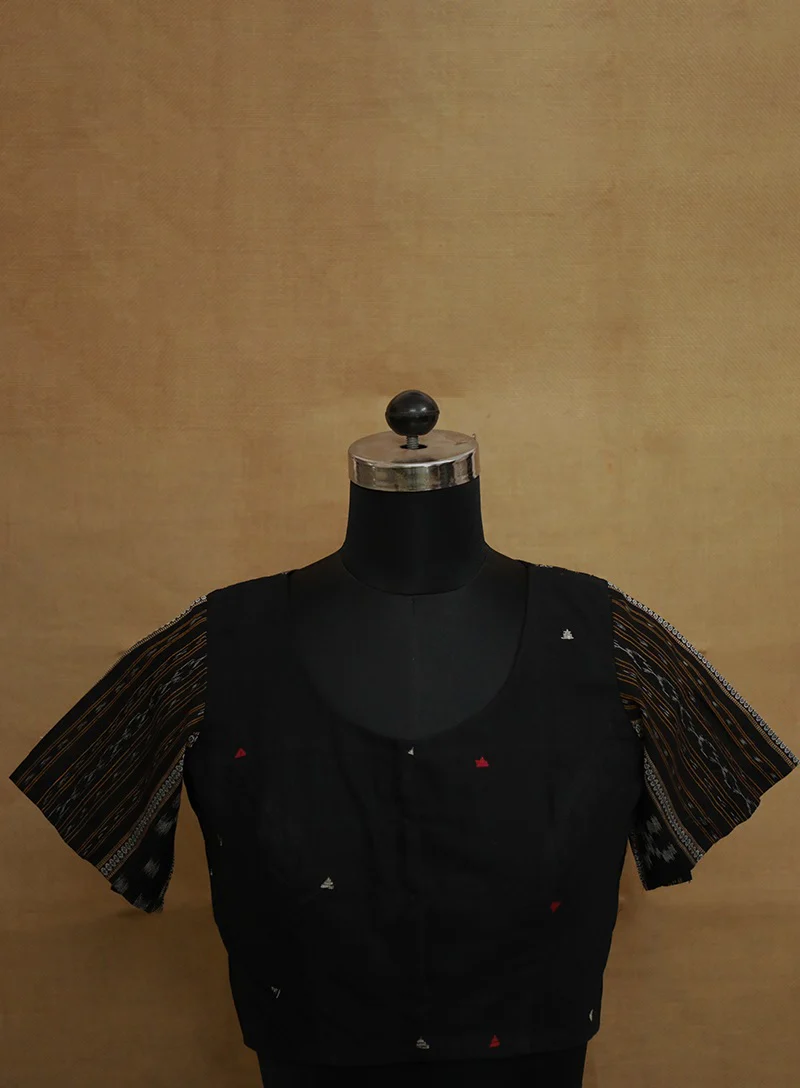 Black with Orissa Ikat Back Patch Stitched Blouse - 36 & 38 Size - Image 2