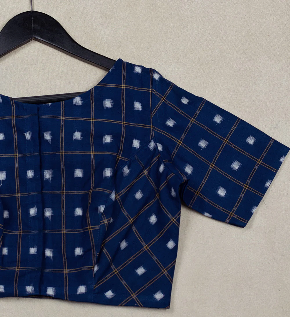Dark Blue Double Ikat Cotton Stitched Blouse-34,36,38,40,42
